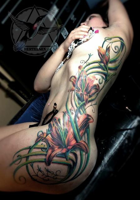 Tattoos - Full Side Flowers and Filigree - 108323